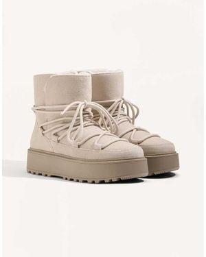 Oysho Split-leather Platform Boots With Flap - Natural