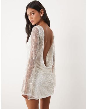 JW PEI Bridal Sequin Slash Neck Low Cowl Back Mini Dress - White