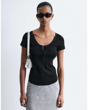& Other Stories Short Sleeve T-Shirt With Low Neckline And Bow Tie Detail - Black