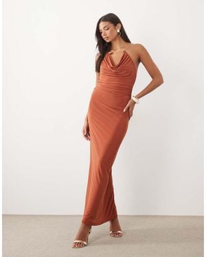ASOS Slinky Cowl Neck Maxi Dress With Floral Neck Detail - Red