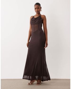 ASOS Mesh Maxi Dress With Corset And Cowl Detail - Brown