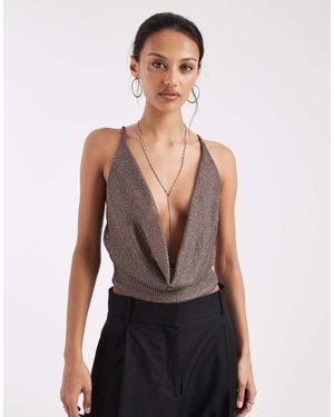 Collusion Top Marrón Metalizado De Tirantes Con Cuello Halter Muy Desbocado De -Rojo - Azul