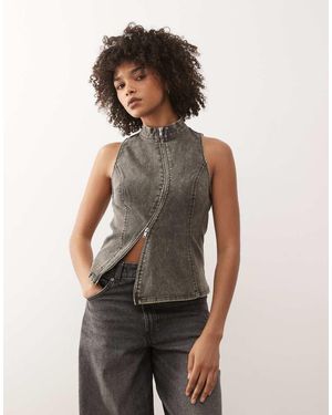 Weekday High Neck Top With Zip Detail - Grey