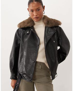 ASOS Asos Design Petite Leather Look Moto Jacket With Tan Faux Fur Collar - Black