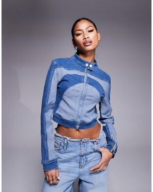 Liquor N Poker Contrast Panel Zip Through Biker Jacket - Blue