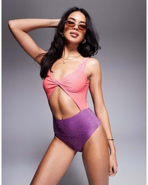 South Beach Colour Block Glitter Cut Out Swimsuit - Purple