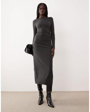 Mango Boat Neck Ruched Waist Long Sleeve Maxi Dress - Grey