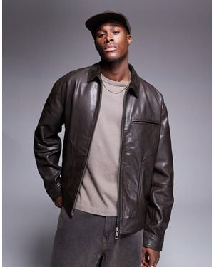 ASOS – premium – harrington-jacke aus em echtleder mit wildlederkragen - Grau