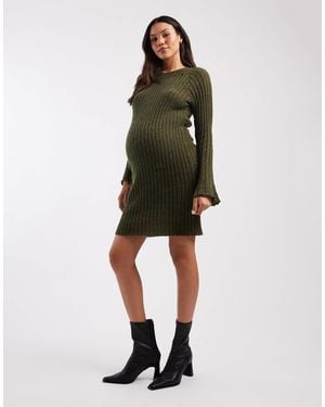 Mama.licious Mamalicious Maternity Soft Knitted Rib Bell Sleeve Mini Dress - Green
