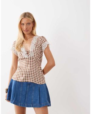 Nobody's Child Blusa A Cuadros Vichy Marrones De Manga Corta Con Cuello De Pico Y Ribete De Encaje Maeve De - Azul