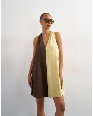 TOPSHOP Linen Rich Halter Deep Hem Mini Trapeze Dress - Natural