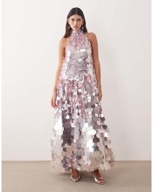 ARRANGE Disc Sequin Halter Trapeze Maxi Dress - Pink