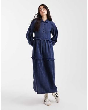 Native Youth Textured Stripe Washed Ruffle Midaxi Dress - Blue