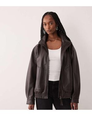 ASOS Asos Design Tall Oversized Leather Look Funnel Bomber Jacket - Brown