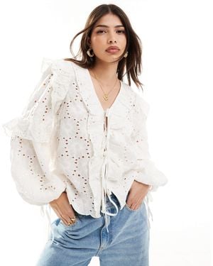 Vila V Neck Broderie Tie Front Blouse - White