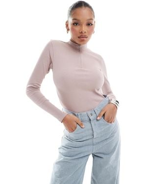 Threadbare Ribbed High Neck Half Zip Long Sleeve Bodysuit - White