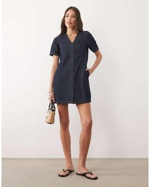 Threadbare Denim Short Sleeve Button Up Mini Dress - Blue