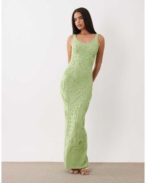Wanderdoll Sunnie Knitted Abstract Detail Tie Back Maxi Dress - Green