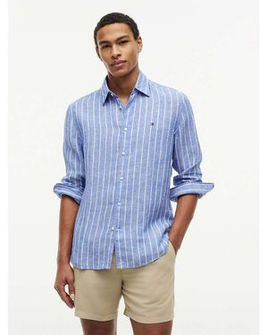 Tommy Hilfiger Regular Fit Textured Stripe Pure Linen Shirt - Blue