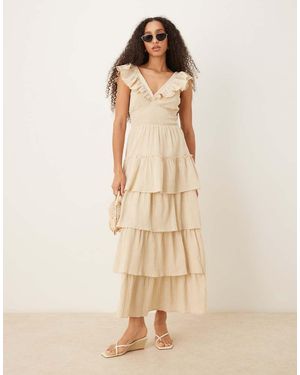 Pretty Lavish Shirred Ruffle Maxi Dress - Natural