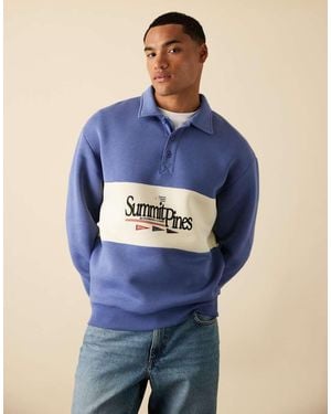 ASOS Polo Sweatshirt With Contrast Panel And Print - Blue