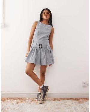 Collusion Drop Waist Textured Mini Dress With Belt - White