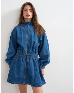 TOPSHOP Denim Funnel Neck Mini Dress - Blue