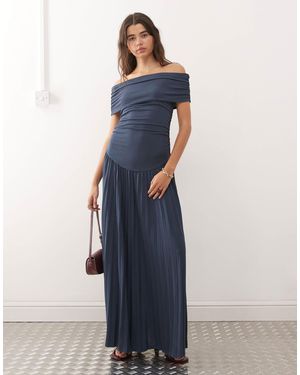 Lioness Field Of Dreams Foldover Bardot Ruched Drop Waist Pleated Maxi Dress - Blue