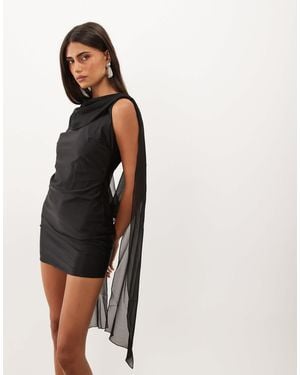 Oh Polly Satin Drape Open Back Scarf Detail Mini Dress - Black