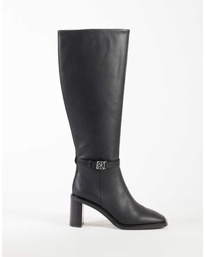 Calvin Klein Leather High Knee Boots With Block Heel And Logo Buckle Detail - Black