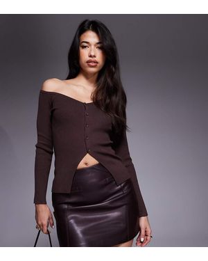 Kaiia Exclusive Off Shoulder Button Split Front Long Sleeve Knitted Top - Grey