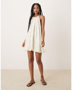 Mango Halter Neck Dress With Puff Hem And Flower Embroidery - White