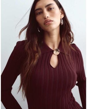 ARRANGE Knitted Ribbed Bodysuit With Oversized Button - Red