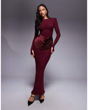 Wanderdoll Eman Slash Neck Satin Drape Waist Detail Long Sleeve Bodycon Maxi Dress - Purple