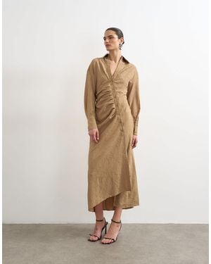 TOPSHOP Open Collar Ruched Long Sleeve Midi Shirt Dress - White