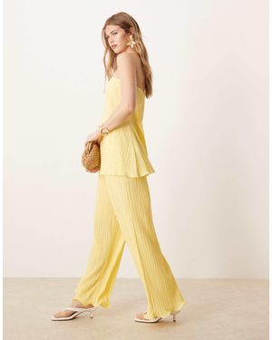 Y.A.S Plisse Wide Leg Trouser Co-ord With Rolled Hem Detail - Natural