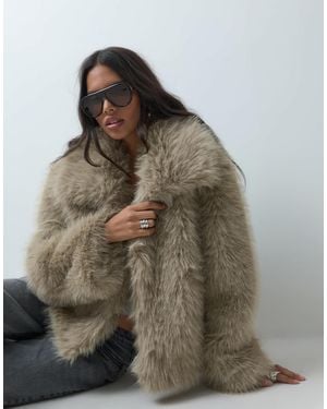ASOS Funnel Neck Short Faux Fur Belted Coat - Brown