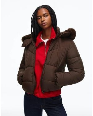 Bershka Padded Jacket With Fur Hood - Red