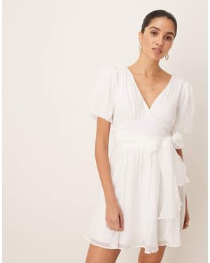 Gina Tricot Short Sleeve V Neck Open Back Bow Graduation Mini Dress - Natural