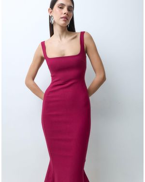Vesper Petite Bengaline Sleeveless Square Neck Fishtail Midi Dress - Red