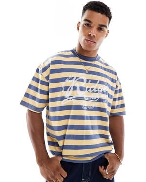 ASOS T-shirt rayé coupe carrée oversize avec imprimé à l'avant - sable/bleu