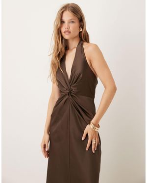 Six Stories Twist Front Satin Maxi Dress - Brown