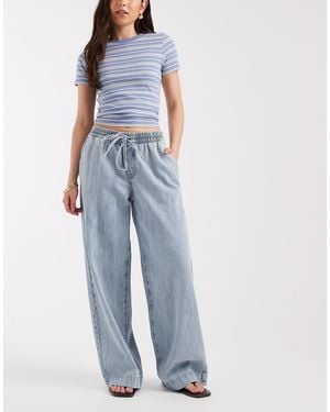 Pieces Tie Waist Wide Leg Mid Rise Jeans - Blue