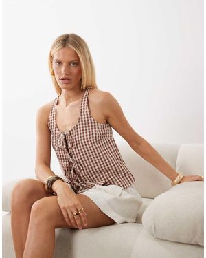 Nobody's Child Blusa A Cuadros Vichy Marrones Con Cuello Ancho Y Lazada Delantera De Algodón Thea De - Neutro