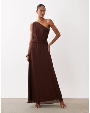 TFNC London Bridesmaid Chiffon One Shoulder Twist Waist Draped Maxi Dress - Brown