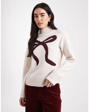 Brave Soul Mock Neck Sweater With Bow Print - Natural