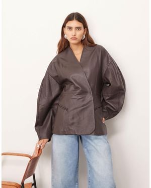 ARRANGE Soft Leather Jacket With Cinched Waist And Ovoid Sleeve - Brown