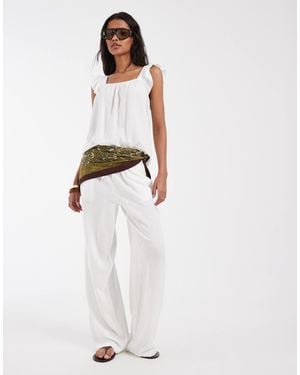 Pieces Tie Waist Wide Leg Linen Blend Pants Co-ord - White