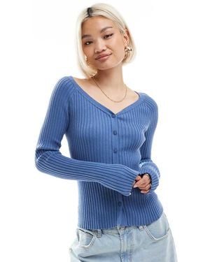 ASOS Knitted V Neck Button Through Top - Blue