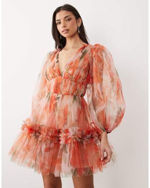 LACE & BEADS Organza V-neck Balloon Sleeve Mini Dress - Orange